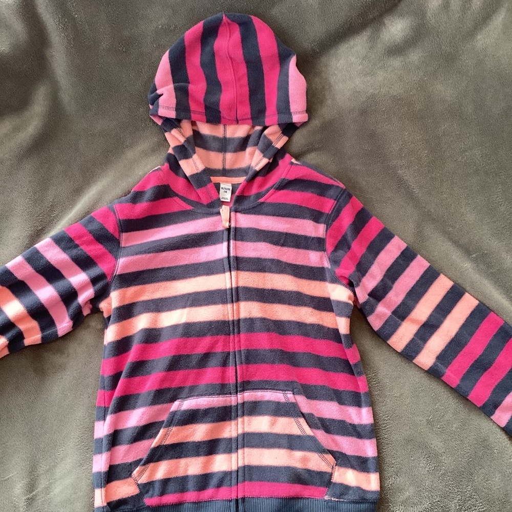 Girl Striped Fleece Hoodie Size 14 XL Neon Pink Gray Full Zip